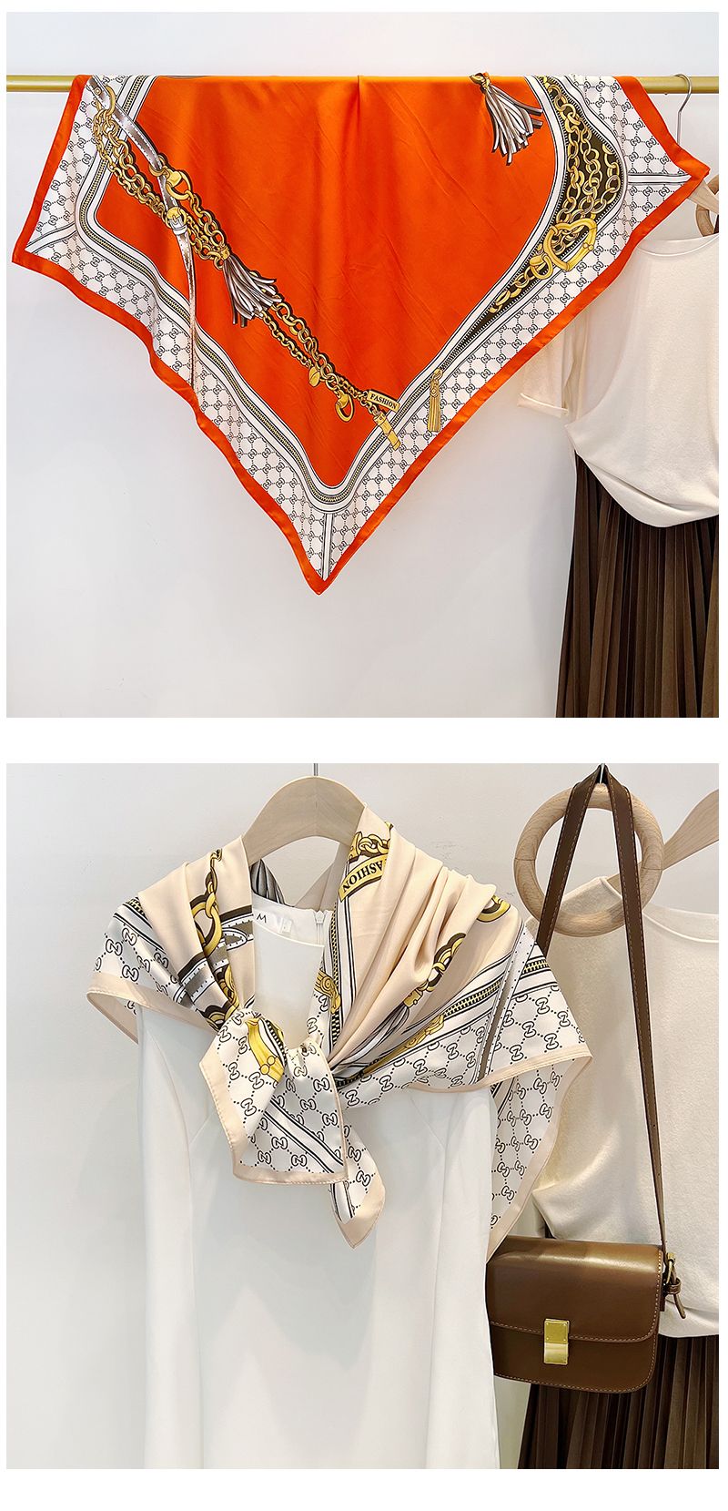 Spring and summer new Korean style 90 square with stylish chain decoration, thin travel sunscreen scarf_voghion.com