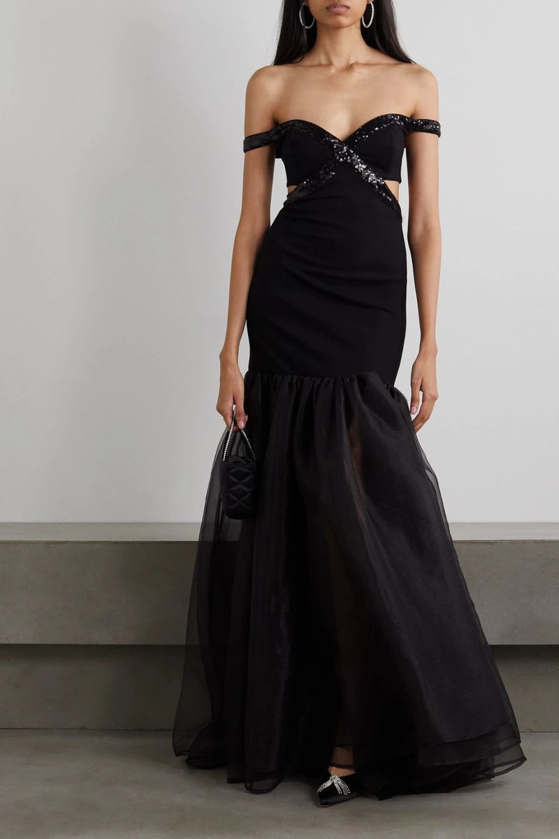 Elegante abito da sera a sirena con spalle scoperte, fasciatura, rete trasparente e vita alta per donna_voghion.com