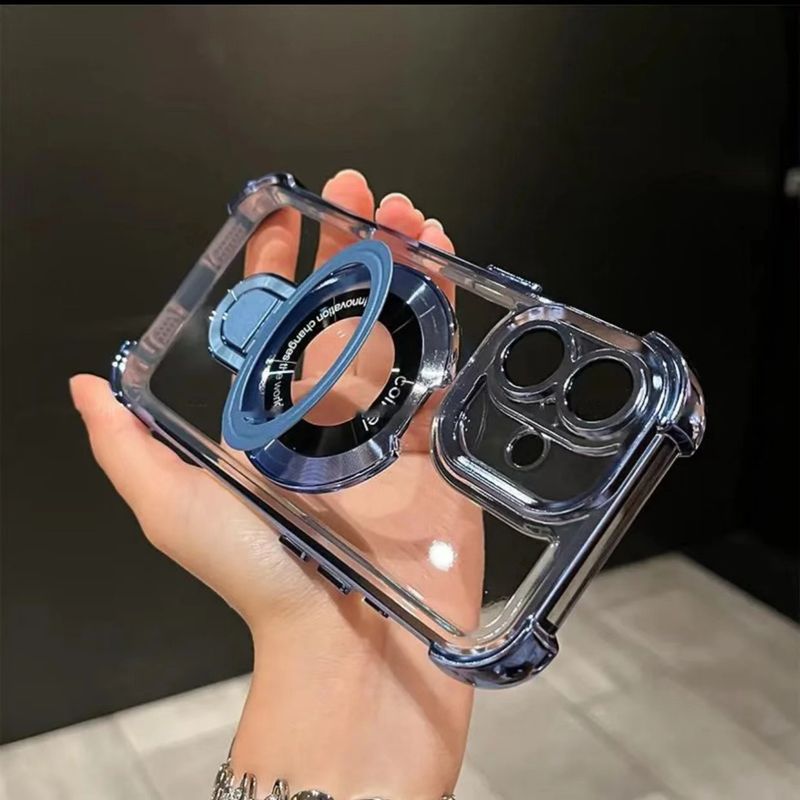 Galwanizowane etui magnetyczne z podstawką do iPhone'a 16 Pro Max/15 Pro - 4-rogowa, odporna na wstrząsy przezroczysta obudowa ze wbudowaną podstawką_voghion.com