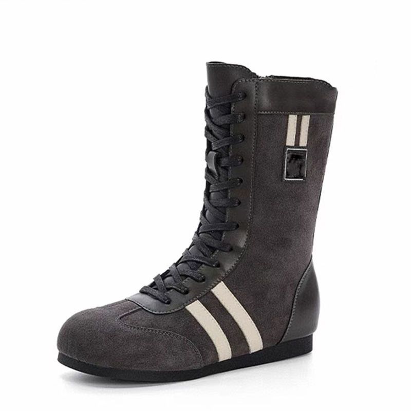 Cowhide Version~ Flat Inner Height Increasing Boxing For Women, New Round Toe Martin Lace-up Mid-calf Boots, Short Boots_voghion.com