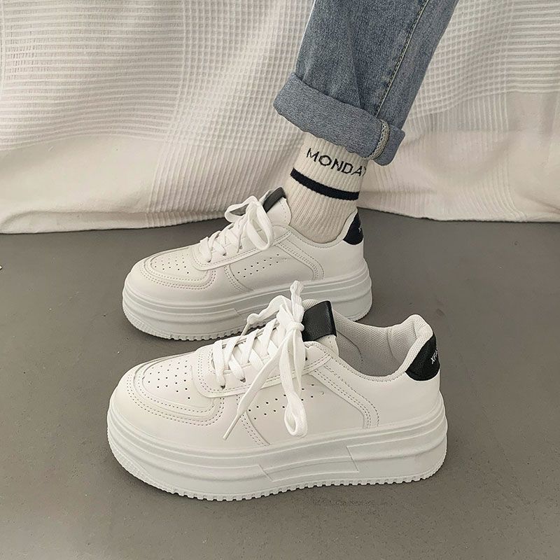 Thick Sole Mesh Breathable Casual Single Lace Up Round Head Solid Color Sports Women's Shoe_voghion.com