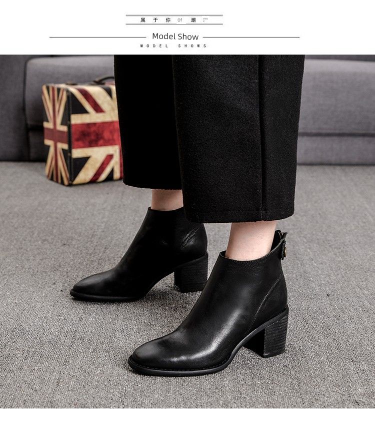 Retro Brown Spring And Autumn Chunky Heel Calf Skin Women's Boots_voghion.com