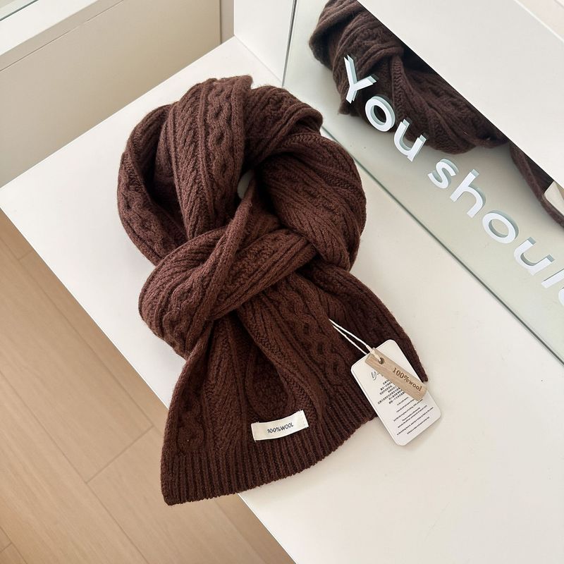 Neuer, gestrickter Schal aus 100 % reiner Wolle mit Zopfmusterstreifen, Retro-Mode, warmer Halswärmer für Damen, Herbst und Winter, koreanischer Stil._voghion.com