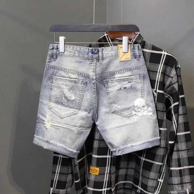 Men's Clothing Distressed Cat Whisker Hole Beggar 5 Shorts Slim Fit Denim Shorts_voghion.com
