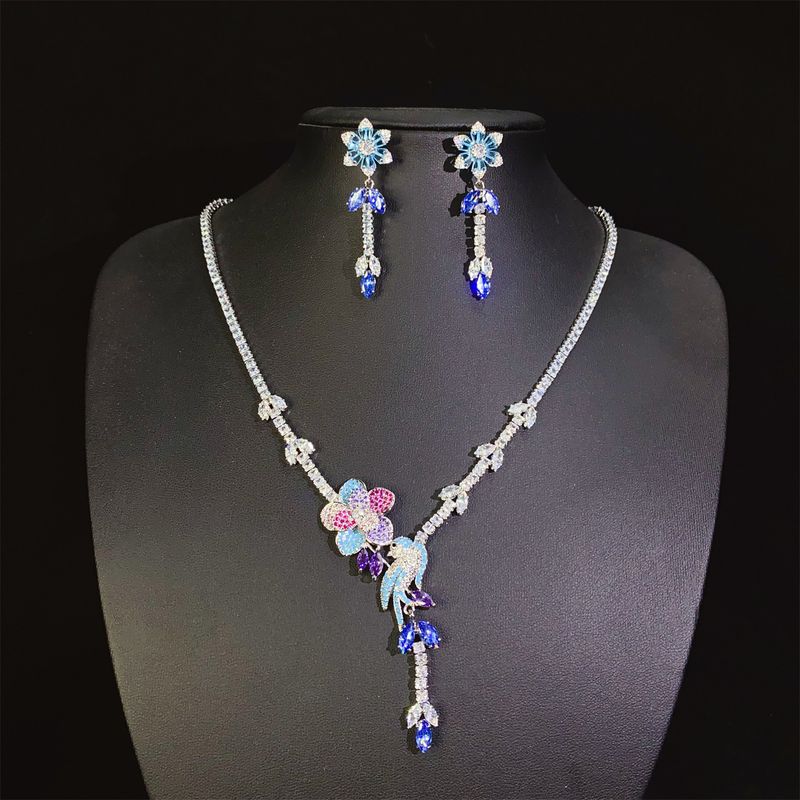 Vogel Song Blume Duft Koreanische Ausgabe Neue Freizeit Bankett 3A Zirkon quaste Anhänger frauen Halskette Ohrring Set_voghion.com