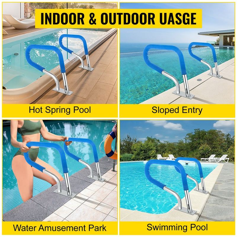 VEVOR Pool Rail 30x22 Pool Railing 304 Stainless Steel 250LBS Load Capacity Silver Rustproof Pool Handrail Humanized Swimming Pool Handrail With Blue Grip Cover & M8 Drill Bit & Self-Taping Screws_voghion.com
