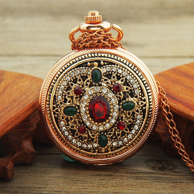 Orologio da tasca creativo unisex con quadrante al quarzo e bordo rosso-verde con diamanti_voghion.com