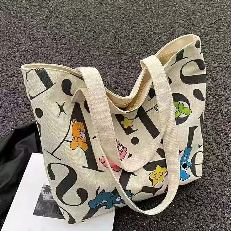 Női táskák Diák vászon táska Nagy kapacitású bevásárlótáska Ingázó új stílusú táska Sokoldalú nyomtatás Anyuci alkalmi kézi bevásárlótáska_voghion.com