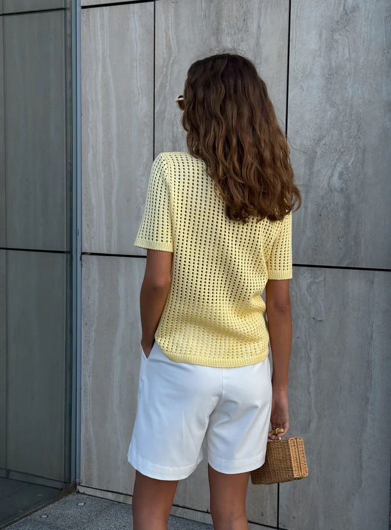 Maglietta estiva da donna, a maniche corte, in maglia cava bianca, di colore puro, versatile, da donna_voghion.com