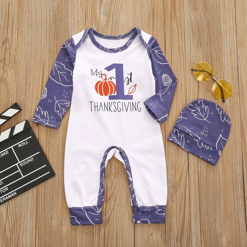 New letter printed long sleeved jumpsuit and hat two-piece set for boys on Thanksgiving_voghion.com