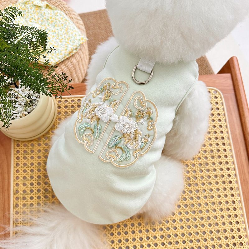 Spring Summer Pet Dog Cat Clothes Teddy Bichon New Chinese Style Plate Buckle Embroidery Leash Vest_voghion.com