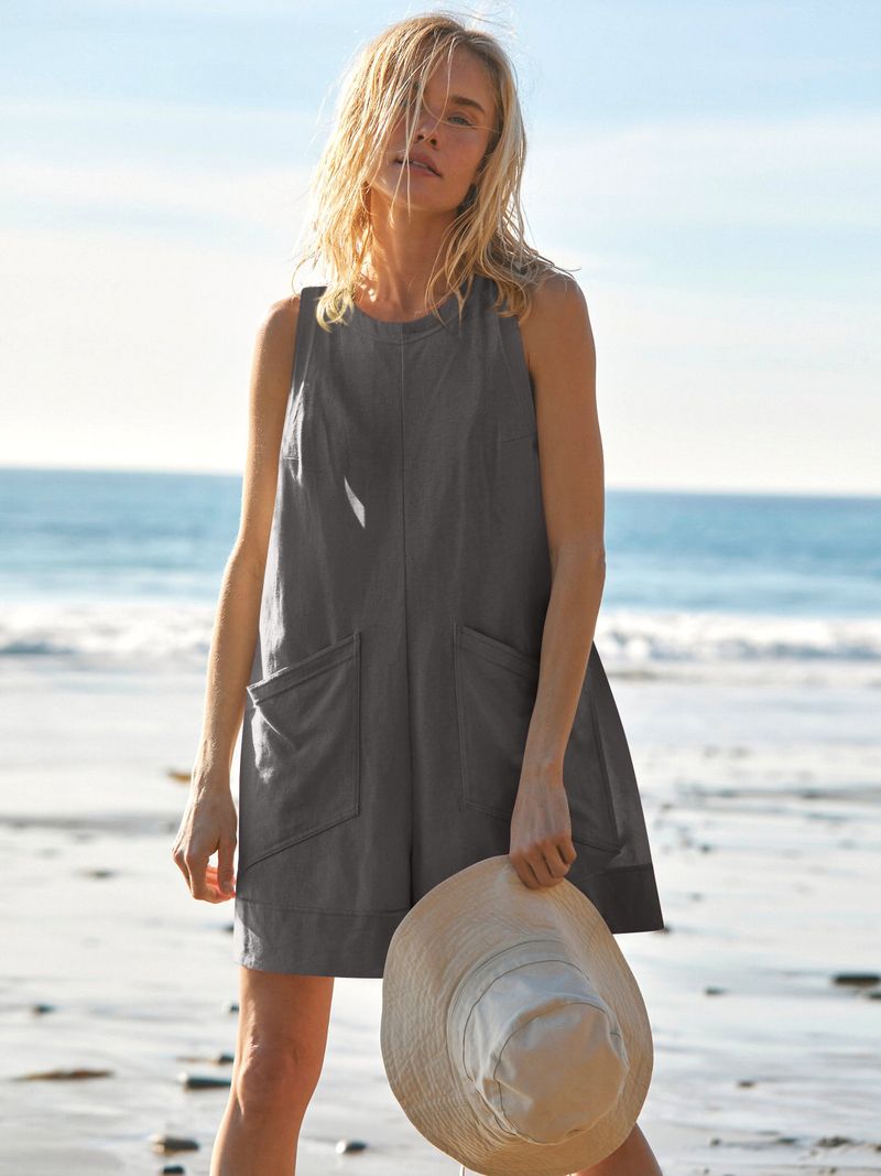 Ärmelloser Jumpsuit für Damen mit großen Taschen – Lässiger Overall-Strampler für Damen – Bequeme Stretch-Passform aus Baumwolle – Streetwear-Mode_voghion.com
