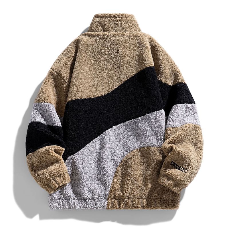 Giacca foderata in pile da uomo - Collo in morbido sherpa, cappotto invernale più spesso, design a blocchi di colore, vestibilità slim, chiusura con cerniera, capospalla casual_voghion.com