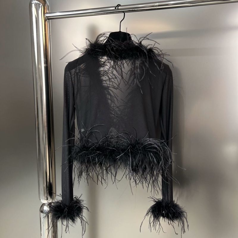 2023 Straußenfeder Patchwork Handgenähter, durchsichtiger Mesh Slim Fit Damen-Strickpullover_voghion.com