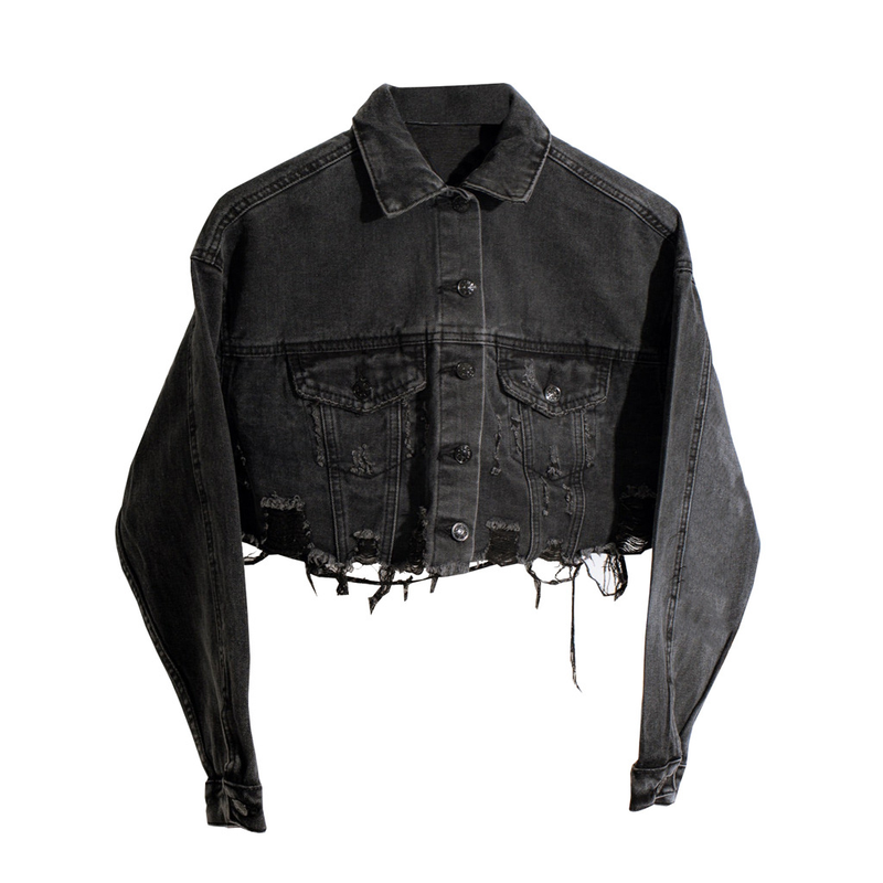 Kadın Giyim Moda Kısa Yıkanmış Kot Ceket Üst_voghion.com