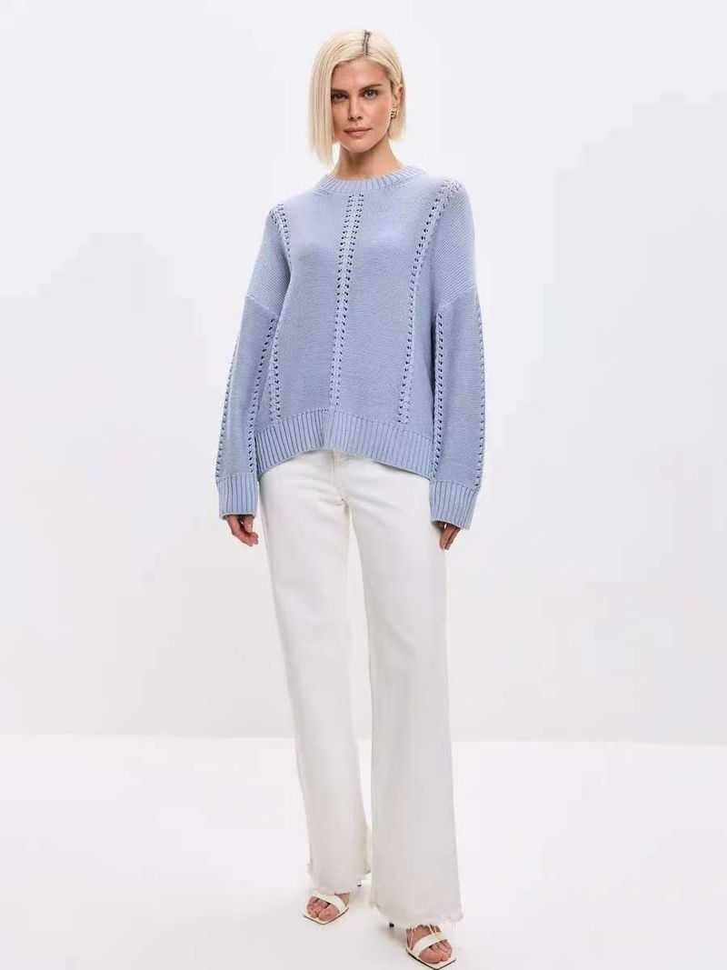 Breathable Knit Sweater Women's Oversized Loose Fit Round Neck Lace Crochet Pullover Top - Soft Acrylic Polyester Blend Yarn_voghion.com