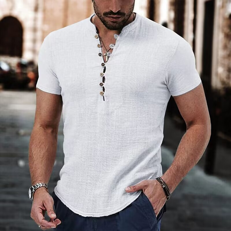 Camicia da uomo in lino 2025, semplice, con scollo a V, abbigliamento casual estivo_voghion.com