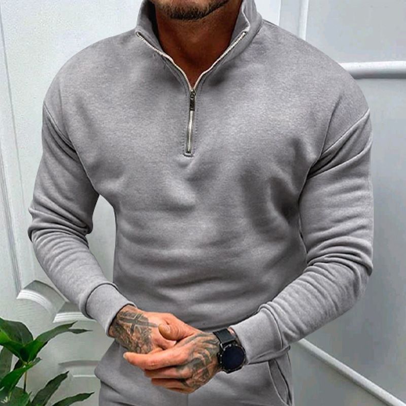 Men's Casual Plus Velvet Solid Color Long-Sleeved Half-Zipper Polo Stand-Up Collar Top_voghion.com