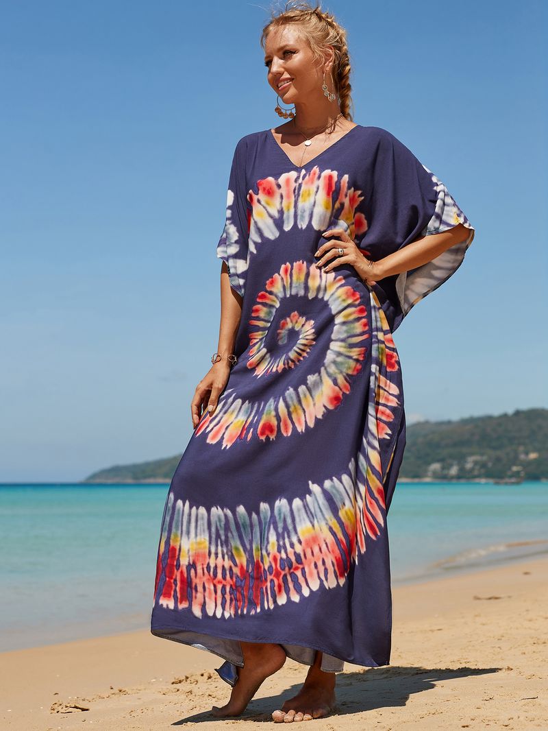 Strandkleid aus 100 % Baumwolle für Damen – Sonnenshirt mit Boho-Print, locker sitzende Bademode, Langarm-Tunika für den Urlaub am Pool_voghion.com