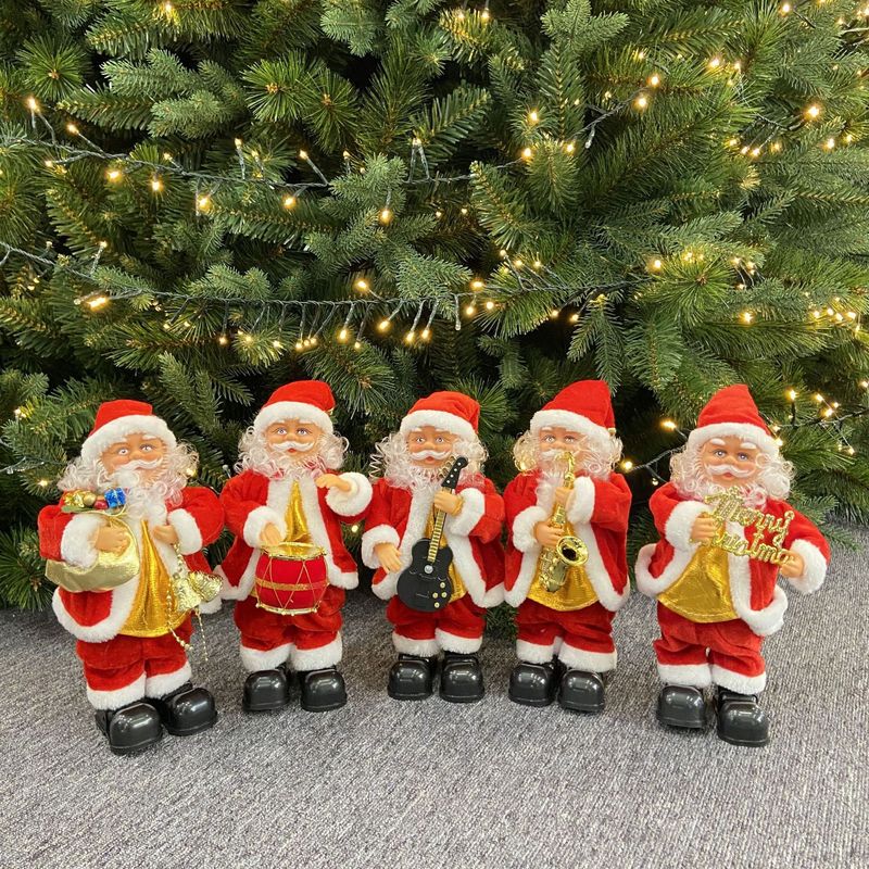 Adornos musicales navideños de Papá Noel: 5 muñecos navideños cantores con guitarra, saxofón, tambor, campana y bolsa de regalo, adorno de tela suave para el hogar._voghion.com