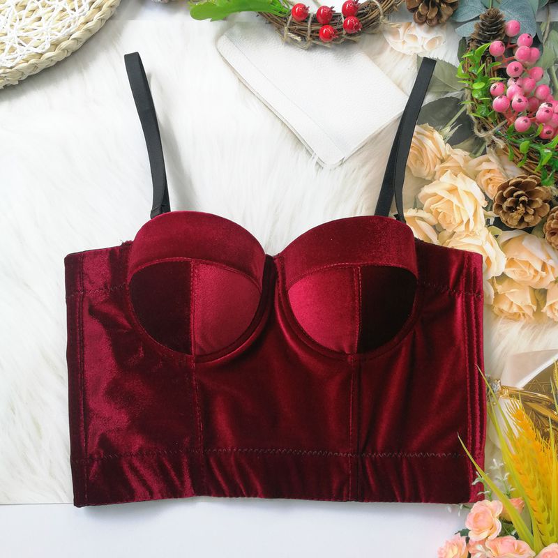Vêtements pour femmes, bretelles en velours, vêtements d'extérieur, soutien-gorge en arête de poisson, couleur unie, velours coréen avec anneau en acier, gilet gainant, style court, haut tube polyvalent_voghion.com