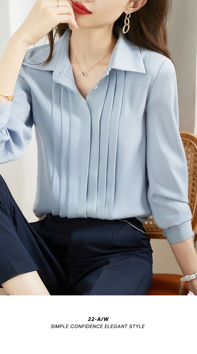 Camicia plissettata tinta unita da donna, 23 anni, Mogoyu Yuanchuang, nuovo design autunnale, di nicchia, dimagrante, versatile,_voghion.com
