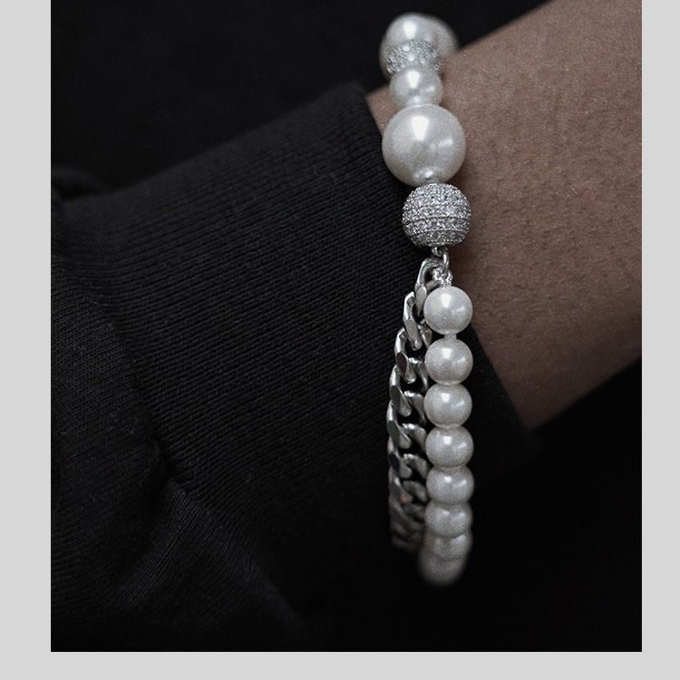 Spliced Pearl Bracelet Unisex Hip-Hop Trendy Multi-Layer Design Unique Niche Cuban Chain_voghion.com