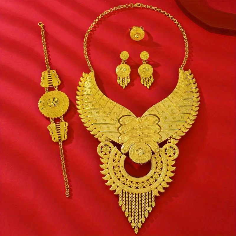 Fashionable luxury ethnic style four piece alloy decoration necklace collarbone jewelry earring set_voghion.com