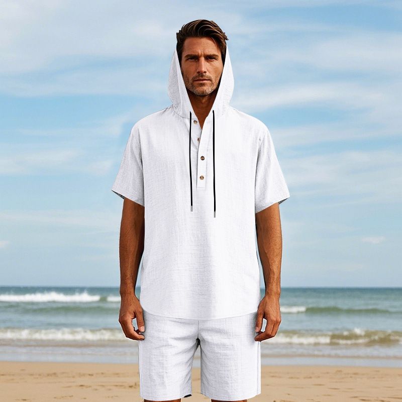 Completo da uomo in lino con camicia e pantaloncini - Completo casual estivo da spiaggia a maniche corte con vestibilità ampia_voghion.com