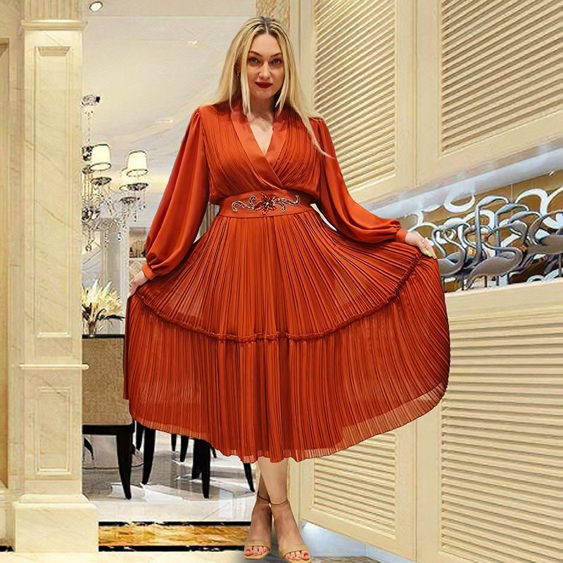 Langärmliger Faltenrock für Damen, unabhängige Station, hohe Taille, Außenhandel, lockeres Kleid in großer Größe (freier Gürtel) 8835_voghion.com