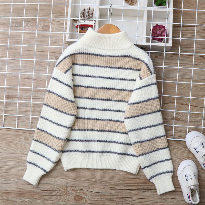 Strickjacke aus Lammwolle für Mutter und Kind, weicher, warmer Strickpullover für große Kinder (ab 8 Jahren), gestreiftes Design, lange Ärmel, Stehkragen (Grau/Marineblau)_voghion.com