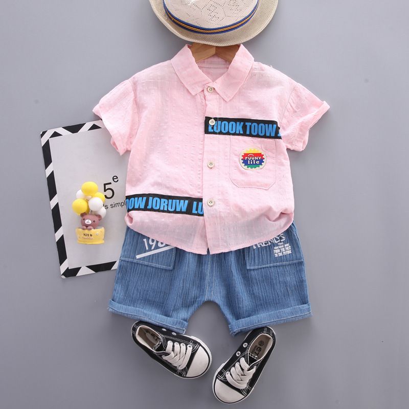 Children's thin men's lapel short sleeved summer casual children's single breasted shirt two-piece set_voghion.com