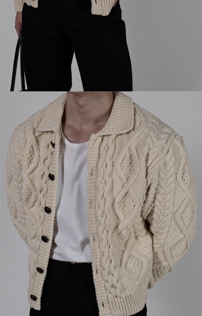 Gilet cardigan en maille torsadée à col rabattu pour homme, style décontracté et ample, motif losanges rétro, confection soignée._voghion.com