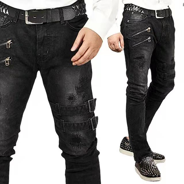 Natale, Ringraziamento, Halloween, San Valentino, Sconti all'ingrosso 2025, Nuovi jeans elasticizzati e aderenti da uomo in stile motociclista_voghion.com