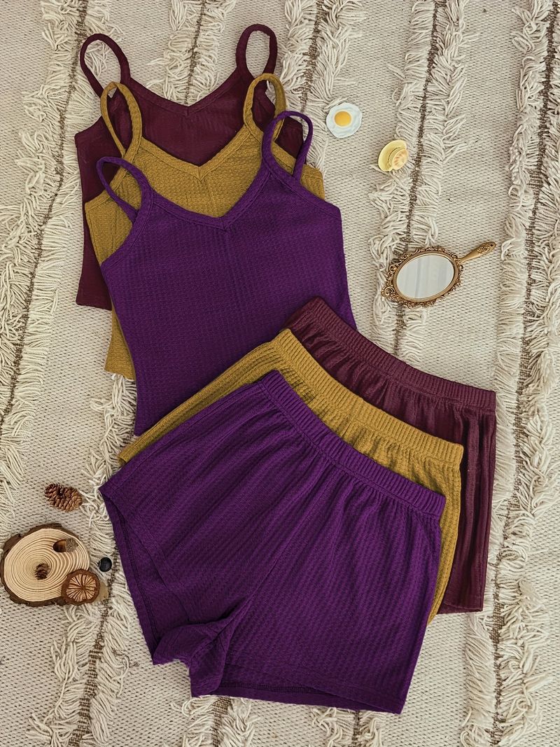 Conjunto de 3 piezas para estar en casa: 3 camisolas y 3 pantalones cortos elásticos. Ropa para mujer._voghion.com