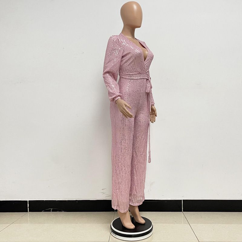 Damkläder Ins Style Deep V Mode Casual Jumpsuit Långärmat Bälte Paljett Jumpsuit Dam_voghion.com