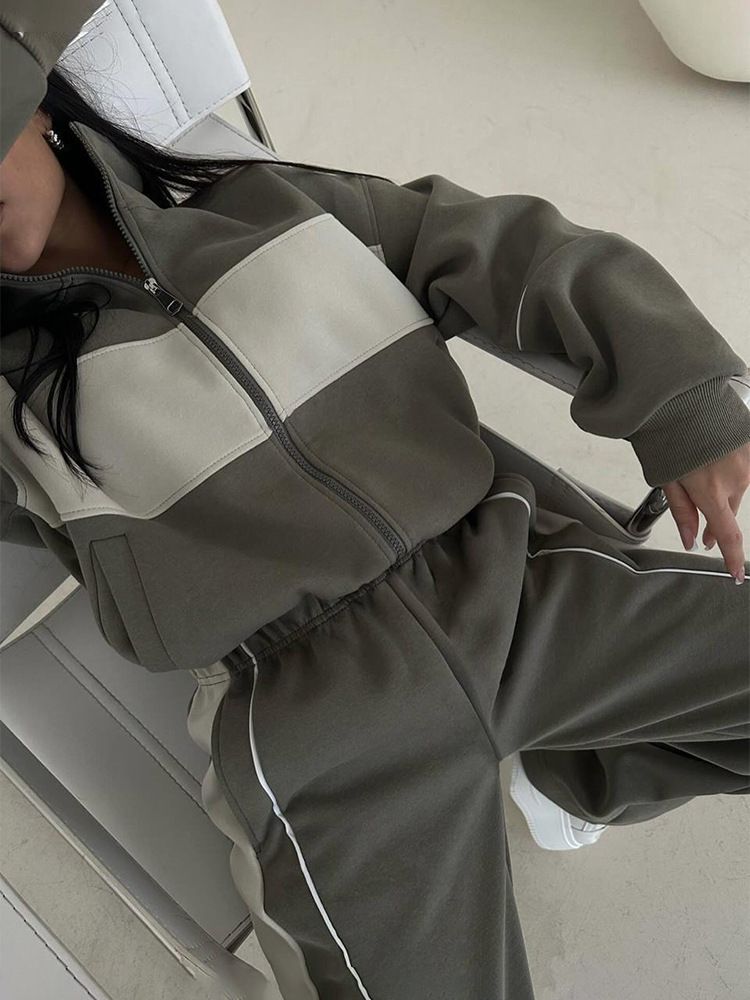 Completo tuta color-block da donna – Top e pantaloni alla moda a maniche lunghe per donna (grigio/verde, S-XL)_voghion.com