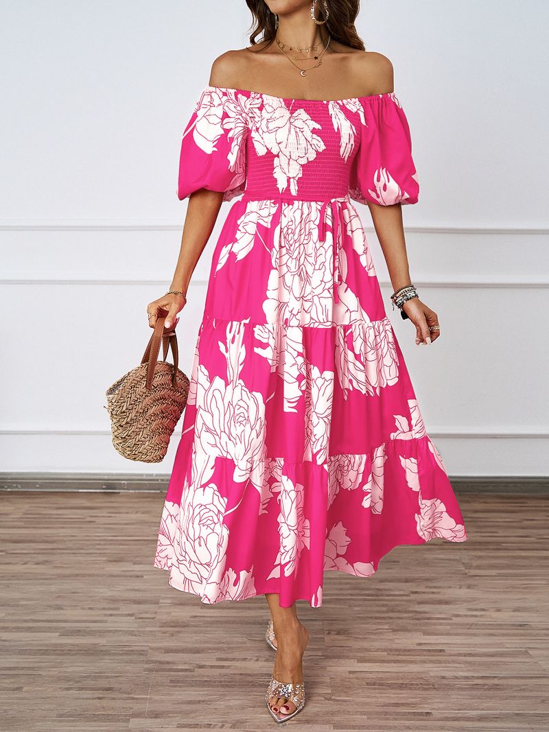 Damkläder Elegant Mönstrad Enaxlad Puffärm Modern Swingklänning_voghion.com