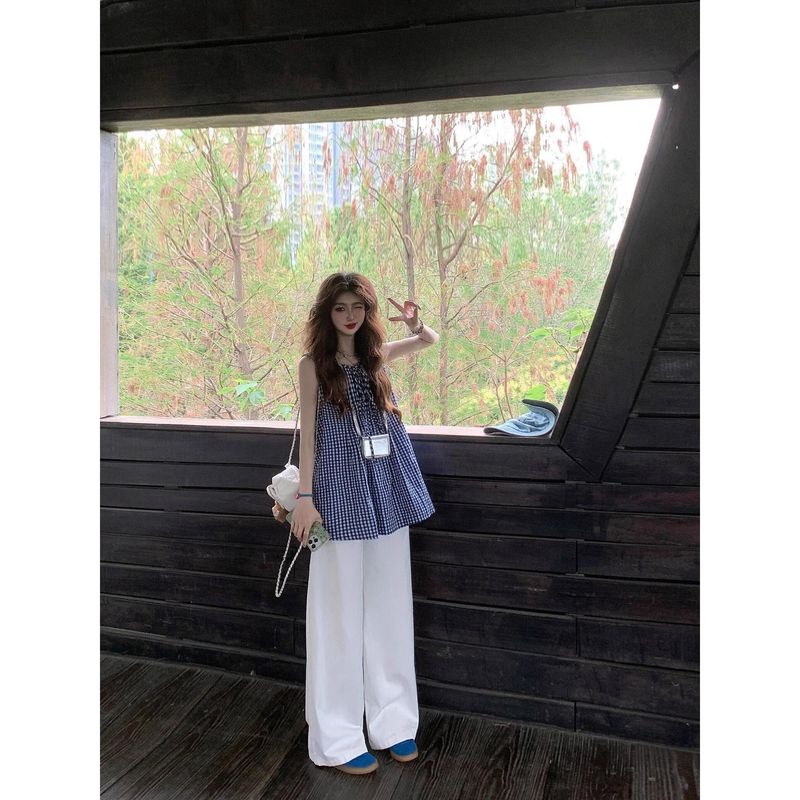 Summer Korean Style Blue And White Plaid Sleeveless Vest For Women, Loose Fit, Slimming, Tie-Up Doll Top_voghion.com
