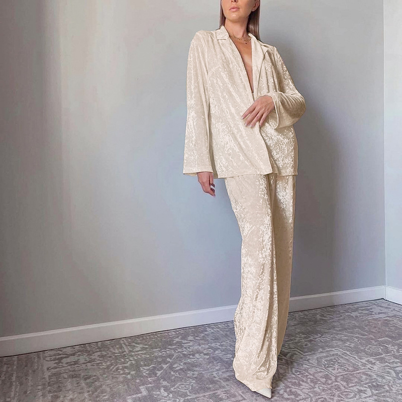 Women's clothing gold diamond velvet pajamas long sleeve trousers two sets warm thick velvet_voghion.com