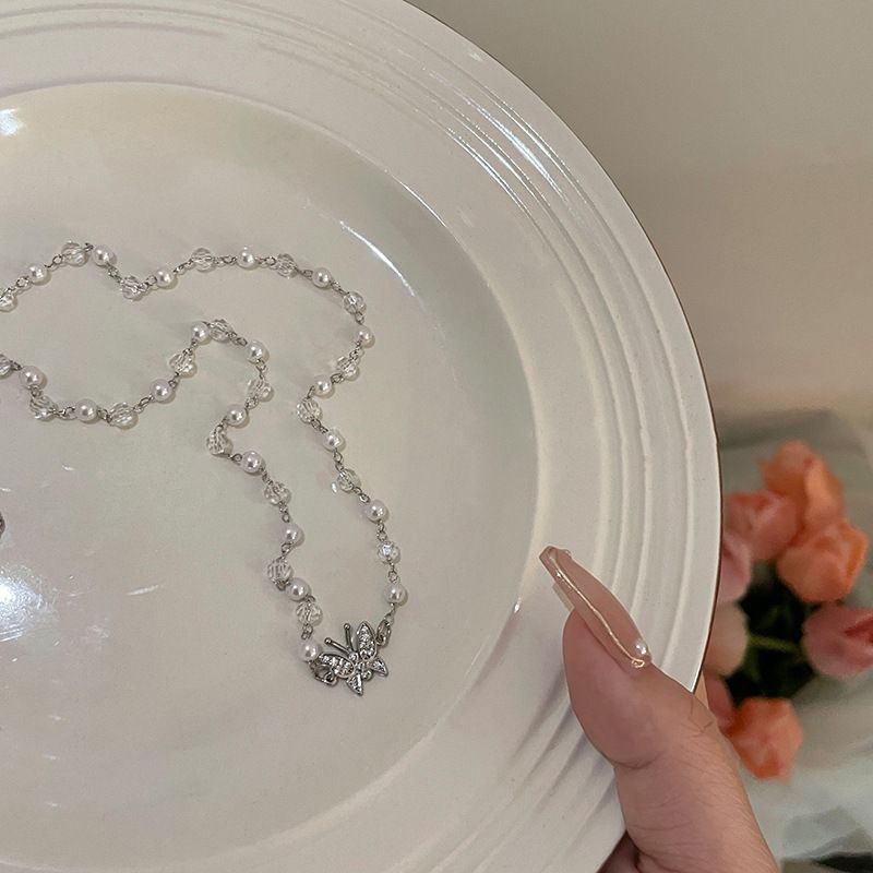 Parel kristal vlinder ketting vrouwen zomer licht luxe niche ontwerp sleutelbeen ketting choker nek ketting_voghion.com