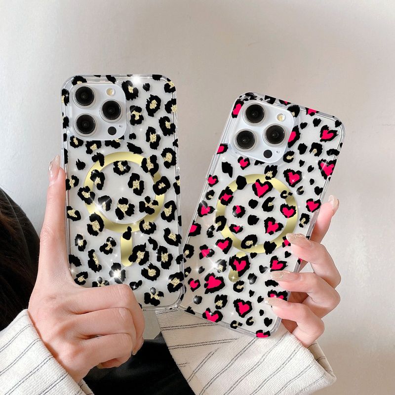 Custodia magnetica con motivo leopardato glitterato compatibile con iPhone 15 Max 16 Pro, magnete forte trasparente 14P_voghion.com