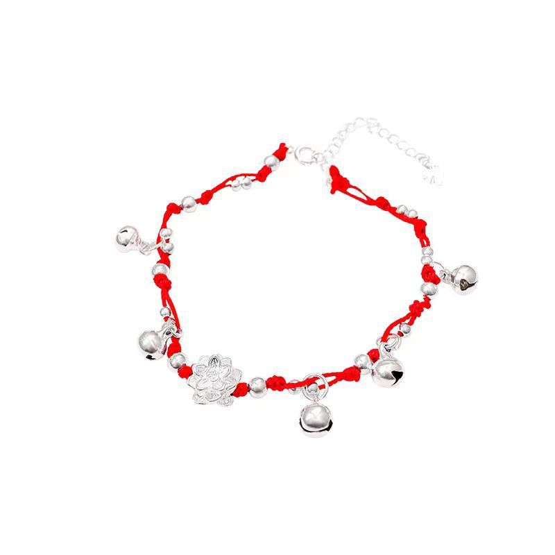 Bracelet clochette en forme de petit lotus rouge, frais et mignon, tissé à la main, corde porte-bonheur, bijoux faits main pour fille_voghion.com