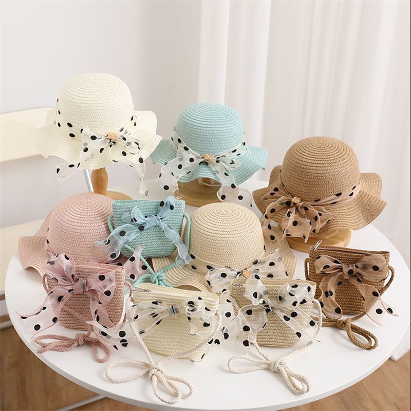 Nuovo set di cappelli e borse parasole con fiocco coreano a pois e onde di paglia per bambini, dolce e carino_voghion.com