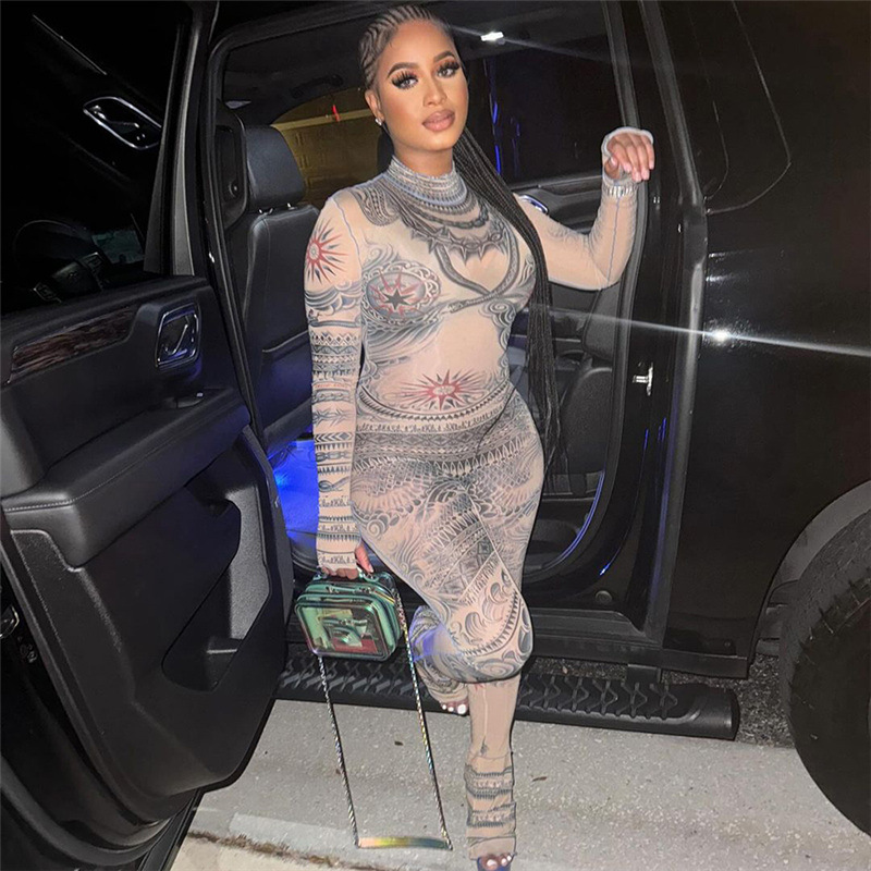 Tuta attillata a vita alta con stampa a rete e nuova moda autunnale da donna Feng 2025_voghion.com