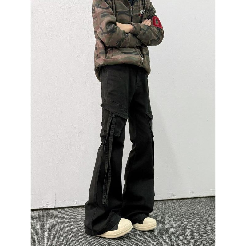 Black Gray American Stretch Cargo Flared Jeans For Men Fashionable Lazy Trend Japanese Style Multi-Pocket Bell-Bottom_voghion.com