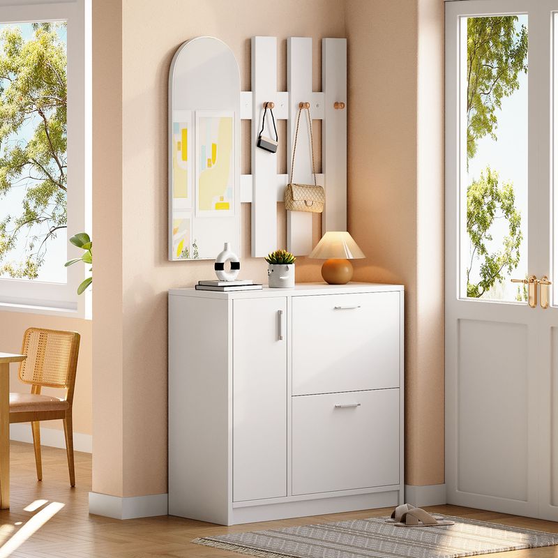 Meuble à chaussures avec portes battantes et coulissantes, rangement d'entrée avec miroir et crochets, étagère à chaussures blanche pour petits couloirs, rangement de salon_voghion.com