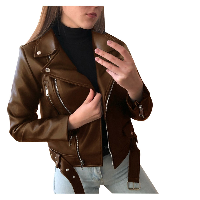 Chaquetas de piel sintética negras para mujer, abrigo básico con cremallera y cuello vuelto, chaqueta de motociclista, color negro, 4 colores, novedad de 2023_voghion.com