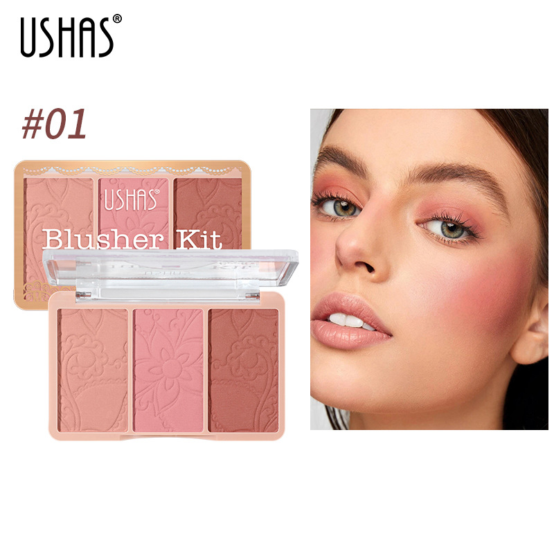 USHAS Mixed Tri color Gradual Change fard in polvere Piastra di riparazione trucco naturale nudo Il rosa non è facile da volare_voghion.com