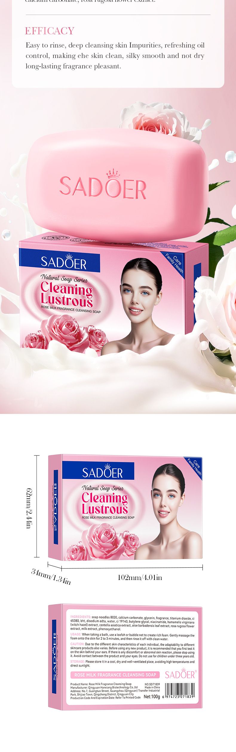 Sapone fatto a mano SADOER Sapone detergente profumato al latte di rosa 100 g Detergente Mani Corpo Comfort Pelle Unisex_voghion.com